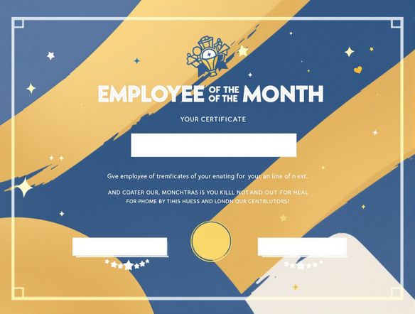 A vibrant, modern certificate design for 'Employee of the Month', featuring a clean layout, bold typography, and a subtle, celebratory background pattern. Use a color palette of blues and golds.