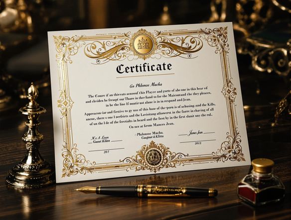 Elegant certificate with a gold seal and ornate border, presented on a dark wooden desk with a fountain pen and inkwell.