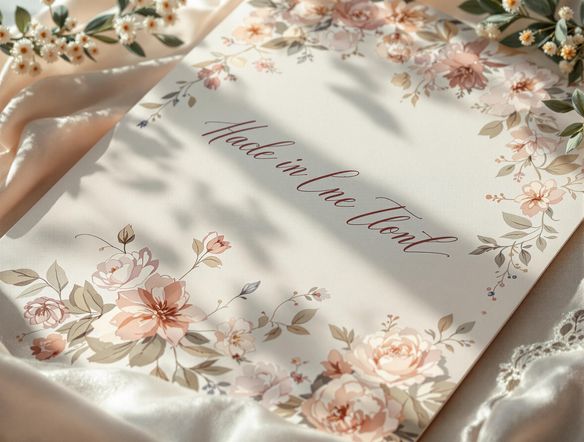 A beautifully designed wedding invitation featuring delicate floral accents and elegant calligraphy, created using an ai wedding card generator. Soft, romantic lighting, pastel color palette. High resolution, intricate details.
