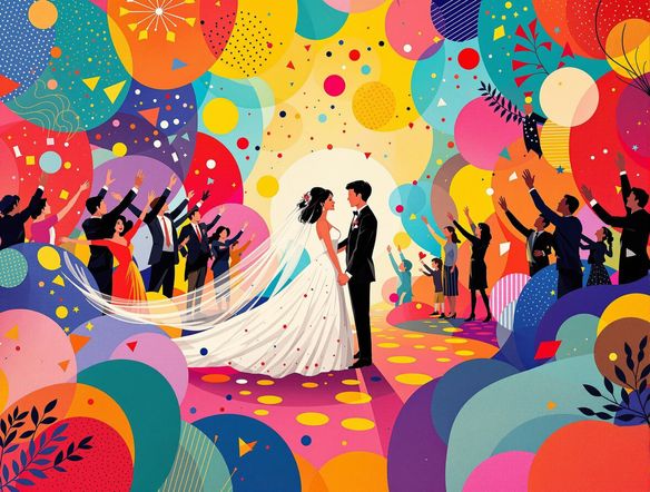 An artistic and modern wedding card design, generated by a wedding card generator, featuring abstract shapes and bold colors. The design should evoke feelings of joy and celebration. High-quality render, dynamic composition, wedding invitations generator.