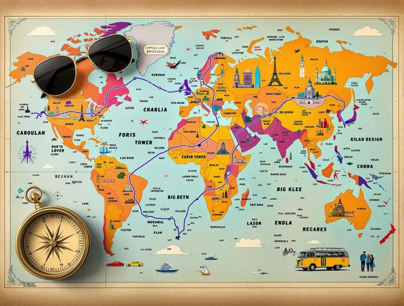 A vibrant travel itinerary laid out on a map, highlighting famous landmarks, with a compass and a pair of sunglasses nearby.
