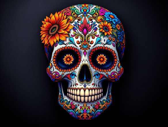 A highly detailed, intricate sugar skull design with vibrant floral patterns and ornate filigree, set against a dark, textured background, digital art.