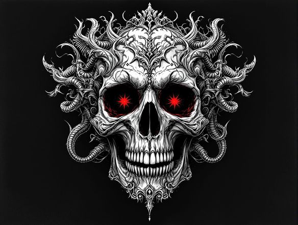 A highly detailed, intricate skull design with gothic elements, rendered in black and white with subtle red accents, set against a dark, textured background.