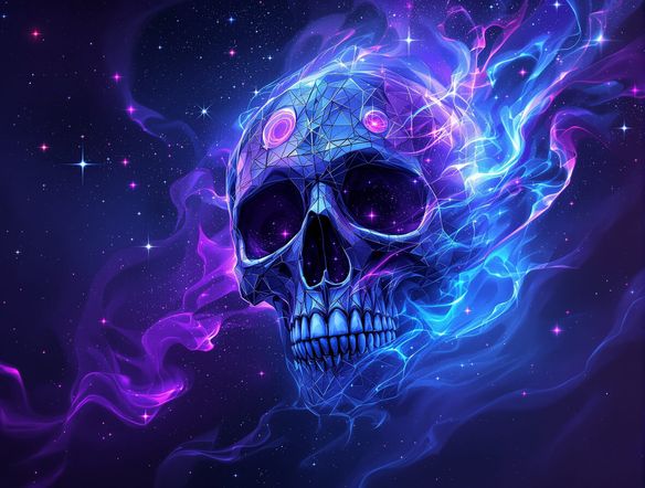 A surreal, abstract skull merging with cosmic nebulae and geometric patterns, rendered in deep purples and blues, highly imaginative digital painting.