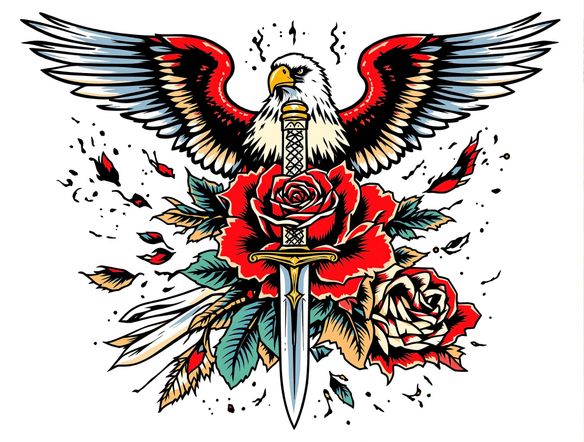 A vibrant old school tattoo flash sheet featuring a classic eagle, rose, and dagger. Bold black outlines, traditional color palette, clean white background. Old school tattoo generator style.