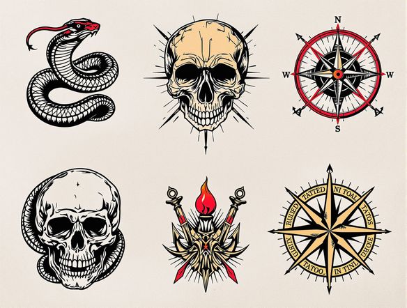 A diverse flash sheet of modern traditional tattoo art, including a snake, skull, and compass. Rich color saturation, clean linework, presented on a textured paper background. AI generated flash sheet.
