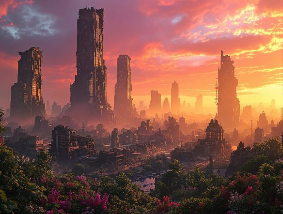 A vast, post-apocalyptic cityscape at sunset, overgrown with vibrant vegetation, crumbling skyscrapers in the distance, atmospheric, highly detailed, urbex aesthetic, volumetric lighting.