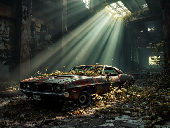 An abandoned, overgrown 1970s muscle car rusting inside a derelict factory, dust motes in sunbeams, hyperrealistic, cinematic lighting, urban exploration art.