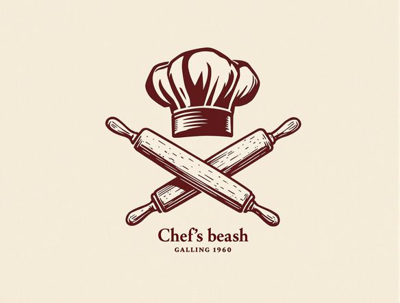 Design a vintage-inspired restaurant logo featuring a chef's hat and crossed rolling pins. Incorporate a distressed texture and a classic serif font. Use a muted color scheme with shades of burgundy and cream.