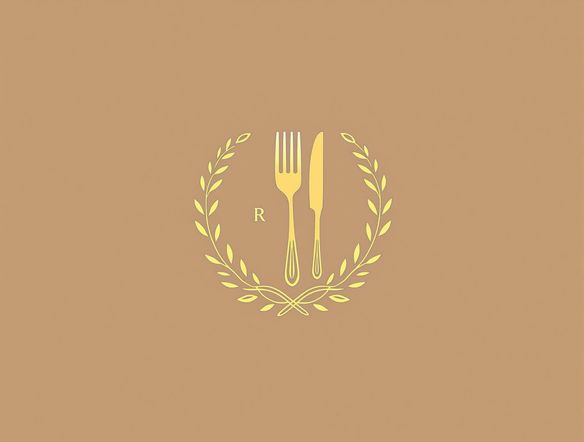 Generate a minimalist restaurant logo featuring a stylized fork and knife intertwined with a laurel wreath. Use a warm color palette with a touch of gold. Emphasize clean lines and a modern aesthetic.