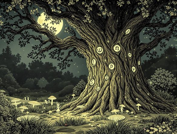 A detailed digital etching of a whimsical forest scene, showcasing intricate line work and tonal variations, generated by an advanced AI.