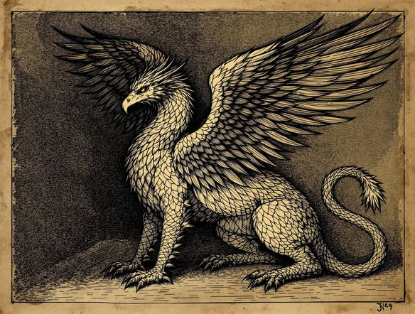 Intricate etching of a mythical creature, detailed linework, reminiscent of Dürer, set against a textured paper background, dramatic chiaroscuro lighting.