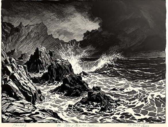 An AI-generated copper plate etching depicting a dramatic seascape, emphasizing the deep grooves and rich ink of intaglio printmaking.