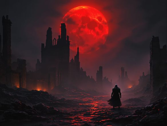 A desolate, mist-shrouded battlefield at twilight, littered with ancient ruins and the spectral glow of forgotten magic. A lone, armored figure stands silhouetted against a blood-red moon.