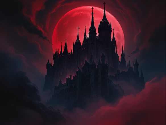 A towering, ancient gothic castle silhouetted against a blood-red moon, surrounded by a swirling, dark mist. Generate gothic fantasy images with a dark horror fantasy AI feel.