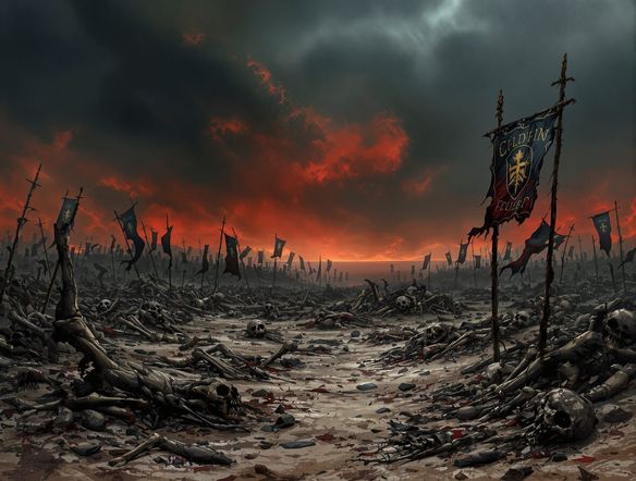 An epic dark scene of a desolate, war-torn battlefield under a stormy, bruised sky. Broken banners and skeletal remains litter the ground. Grimdark aesthetic art, highly detailed.