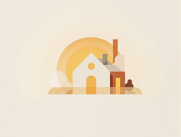 Modern, minimalist real estate logo featuring a stylized house with a rising sun, set against a clean, professional background.