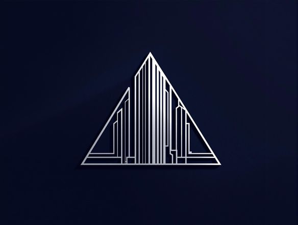 A sleek and modern real estate logo featuring a stylized building silhouette integrated with a geometric shape. Emphasize clean lines, a sophisticated color palette (e.g., navy blue and silver), and a professional font. Minimalist design, high resolution.
