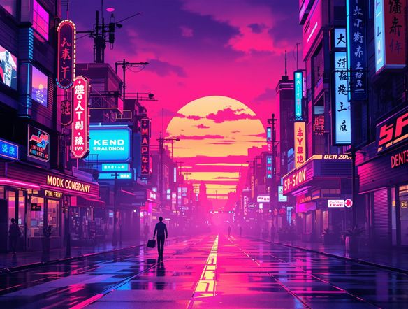 A vibrant, retro-futuristic cityscape at sunset, glowing neon signs reflecting on wet streets, a lone figure walking, synthwave sunset, vaporwave aesthetic, generated chillwave image.