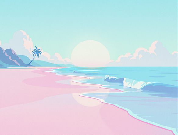 A serene, lo-fi chillwave landscape with a gentle ocean wave, soft pastel colors, a distant silhouette of a palm tree, ethereal glow, dreamy chillwave artwork, nostalgic mood.