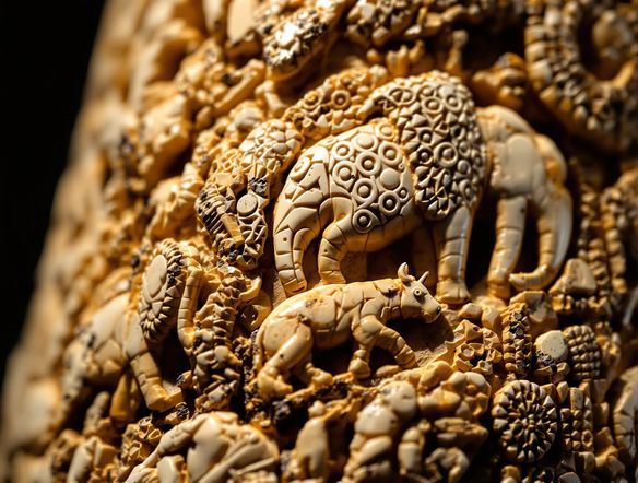 A detailed, close-up view of a Stone Age carving on mammoth ivory, featuring stylized animal figures and geometric patterns, in the style of Paleolithic art.