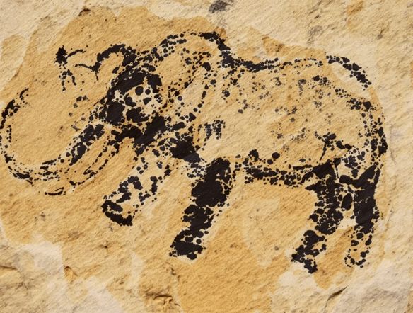 Cave painting depicting a mammoth hunt, rendered in the style of ancient petroglyphs, with ochre and charcoal textures.