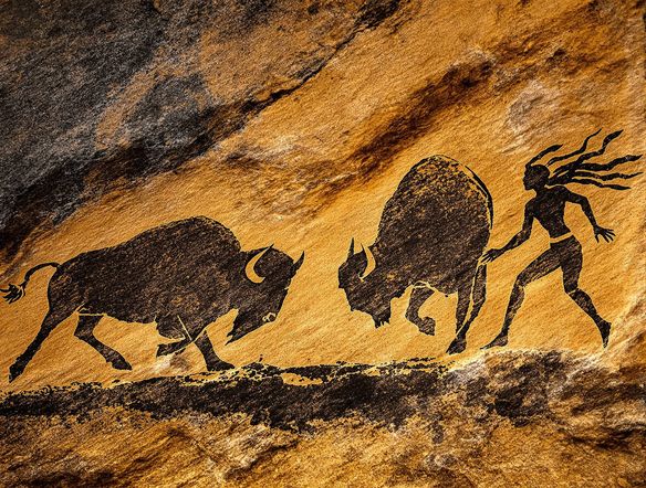 A dramatic, textured cave painting depicting a hunting scene with bison and human figures, rendered in ochre and charcoal on rough stone.
