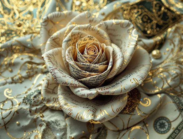A single dollar bill transforming into a blooming rose made of poetry, set against a backdrop of swirling golden ink.