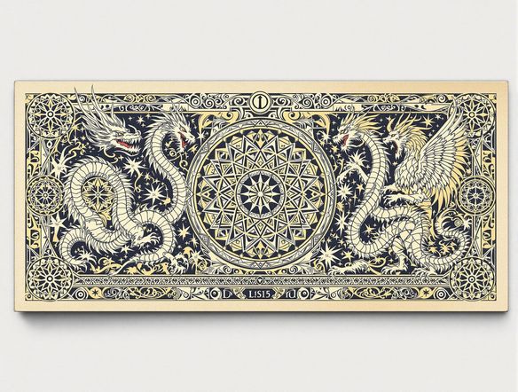 Generate a hyperrealistic image of a fantastical banknote featuring mythical creatures and intricate geometric patterns. The design should incorporate subtle acrostic elements within the artwork, creating a whimsical and artistic interpretation of currency.