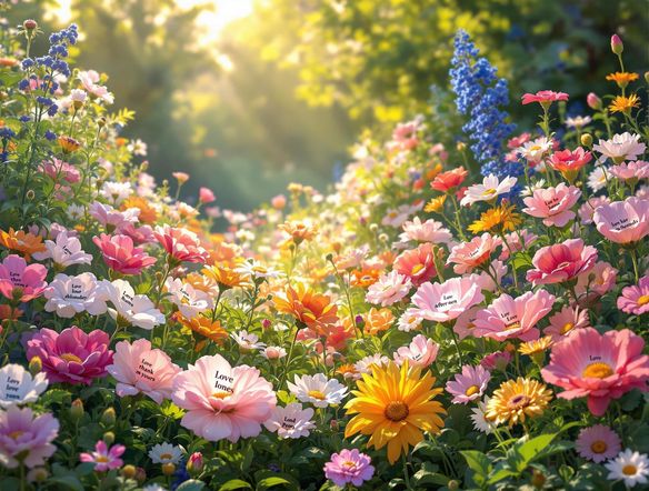 Create a visually stunning image of a blooming garden, with each flower representing a line of heartfelt poetry. The overall aesthetic should evoke feelings of love, gratitude, and appreciation, capturing the essence of a personalized message.