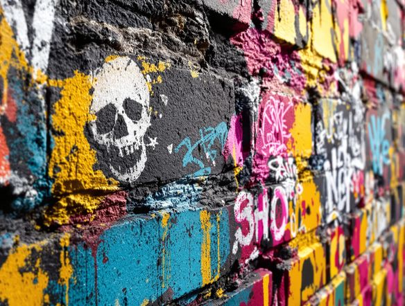 Close-up of a wall covered in custom spray paint art, featuring intricate details and a gritty texture. An urban art generator's masterpiece, showcasing realistic graffiti tags and a stencil effect.