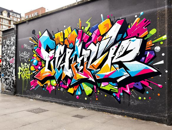 A dynamic street art poster featuring bold lettering and abstract shapes, showcasing personalized street art with a vibrant color palette. Digital graffiti design aesthetic, high detail, urban background.