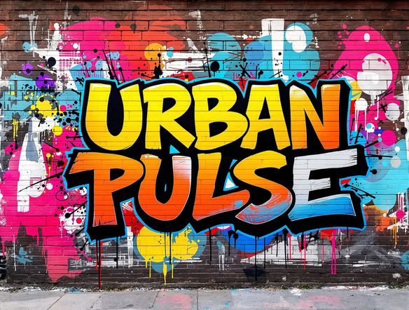 A vibrant, dynamic street poster with bold graffiti lettering that reads 'URBAN PULSE', layered over a textured brick wall background with spray paint splatters.