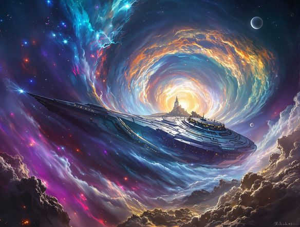 A breathtaking digital science fiction painting of a nebula with a colossal, ancient alien spaceship emerging from its depths, vibrant colors, epic scale, cinematic lighting.