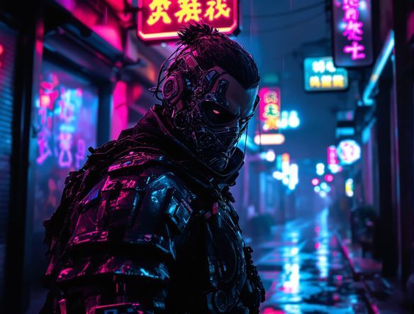 A detailed cyberpunk art portrait of a gritty street samurai with cybernetic enhancements, illuminated by flickering neon signs in a rain-slicked alley, high detail, atmospheric lighting.