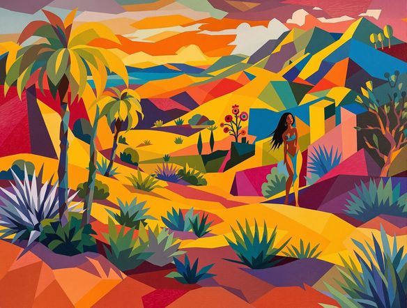 A vibrant landscape in the style of Paul Cézanne, with bold geometric forms and rich colors. Include elements inspired by Paul Gauguin art generator, such as symbolic imagery and flat planes of color.