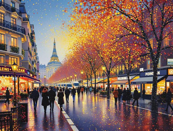 A bustling Parisian street scene rendered with the Seurat Pointillism AI technique, showcasing a vibrant interplay of light and color through tiny dots. Emulate the characteristics of a Neo-Impressionism generator.