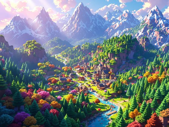 A vibrant, detailed voxel landscape with mountains, trees, and a small village, rendered in a clean, sharp 3D pixel art style, showcasing the capabilities of a cubic art generator.