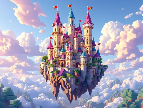 A vibrant, detailed voxel sculpture of a whimsical castle floating in a pixelated sky, showcasing intricate blocky details and a playful color palette.