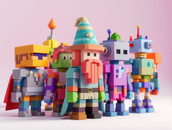 A collection of diverse, colorful voxel figurines standing together, including a knight, a wizard, and a robot, rendered with clear voxel detail, demonstrating a block art sculpture tool for generating unique characters.
