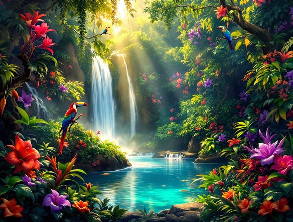 A vibrant amazon jungle art scene with a clear waterfall cascading into a pool, surrounded by exotic flowers, colorful birds, and lush foliage. High detail.