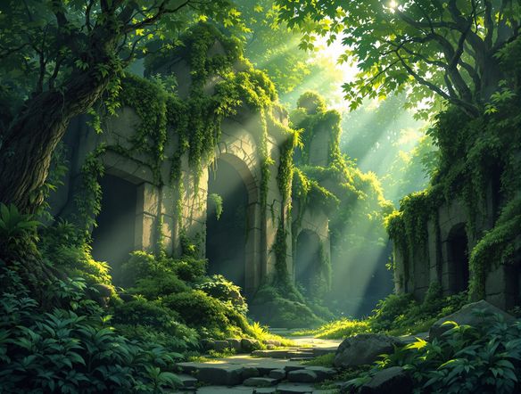 A dense, overgrown jungle with crumbling stone ruins partially swallowed by vines and moss. Sunlight filters through the thick canopy. Lush jungle illustration style.