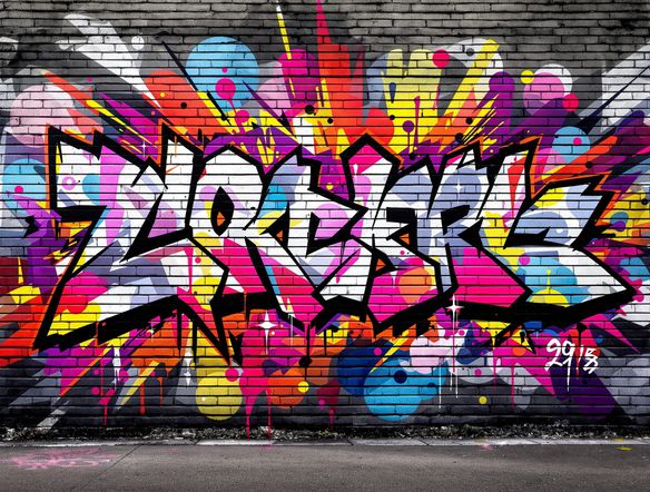 A vibrant and dynamic graffiti mural on a brick wall, showcasing bold lettering and intricate spray paint details. The style is modern and energetic, created using an online graffiti art tool.
