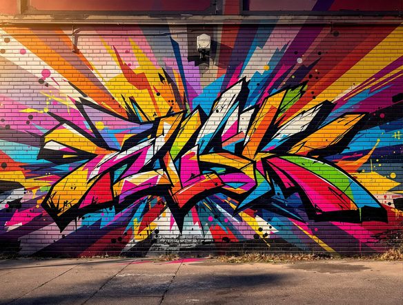 An abstract, colorful graffiti piece exploding with energy, demonstrating a unique graffiti style AI. The artwork features dynamic lines and textures on a gritty urban background, showcasing generative street art capabilities.