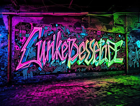 A vibrant, dynamic graffiti mural splashed across a brick wall, featuring futuristic AI-inspired designs and bold lettering, illuminated by neon lights.