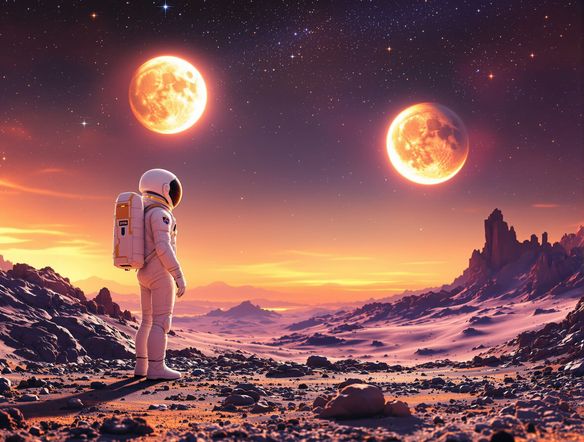 A highly detailed, photorealistic astronaut in a custom-designed, sleek white and gold spacesuit, standing on a vibrant alien planet with two moons in the sky. Sci-fi astronaut maker.