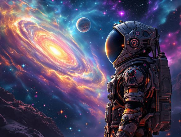 An astronaut in a futuristic, intricate spacesuit, gazing at a swirling nebula, with a detailed planet in the background, rendered in a vibrant, cosmic style.