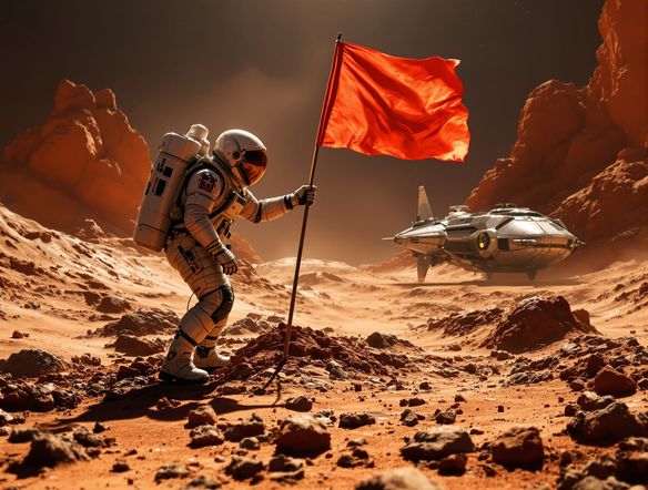 An astronaut in a rugged, advanced spacesuit generator design, planting a flag on a desolate Mars-like planet, with a detailed spacecraft visible in the background. Realistic space exploration.