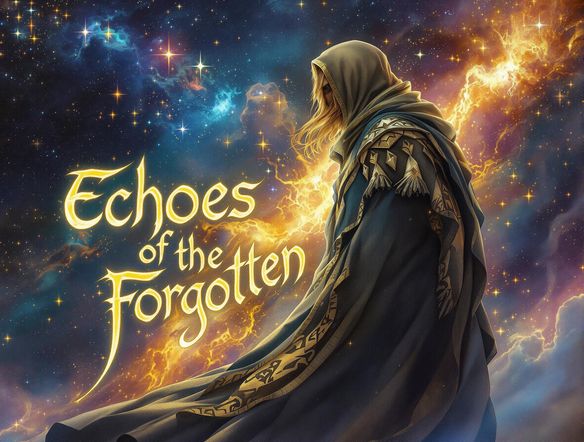 An epic fantasy book cover with the title "Echoes of the Forgotten" emblazoned in glowing, ancient runes, set against a backdrop of a celestial sky.