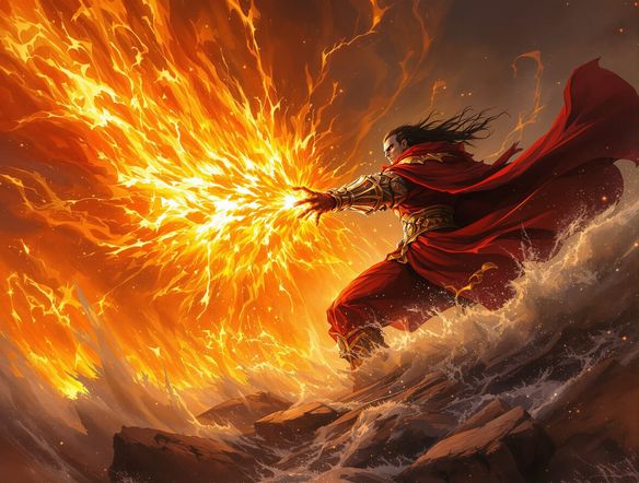 A fierce battlemage in crimson and gold robes, casting a fiery spell, with a background of swirling arcane energy. Dynamic lighting, epic fantasy art style.